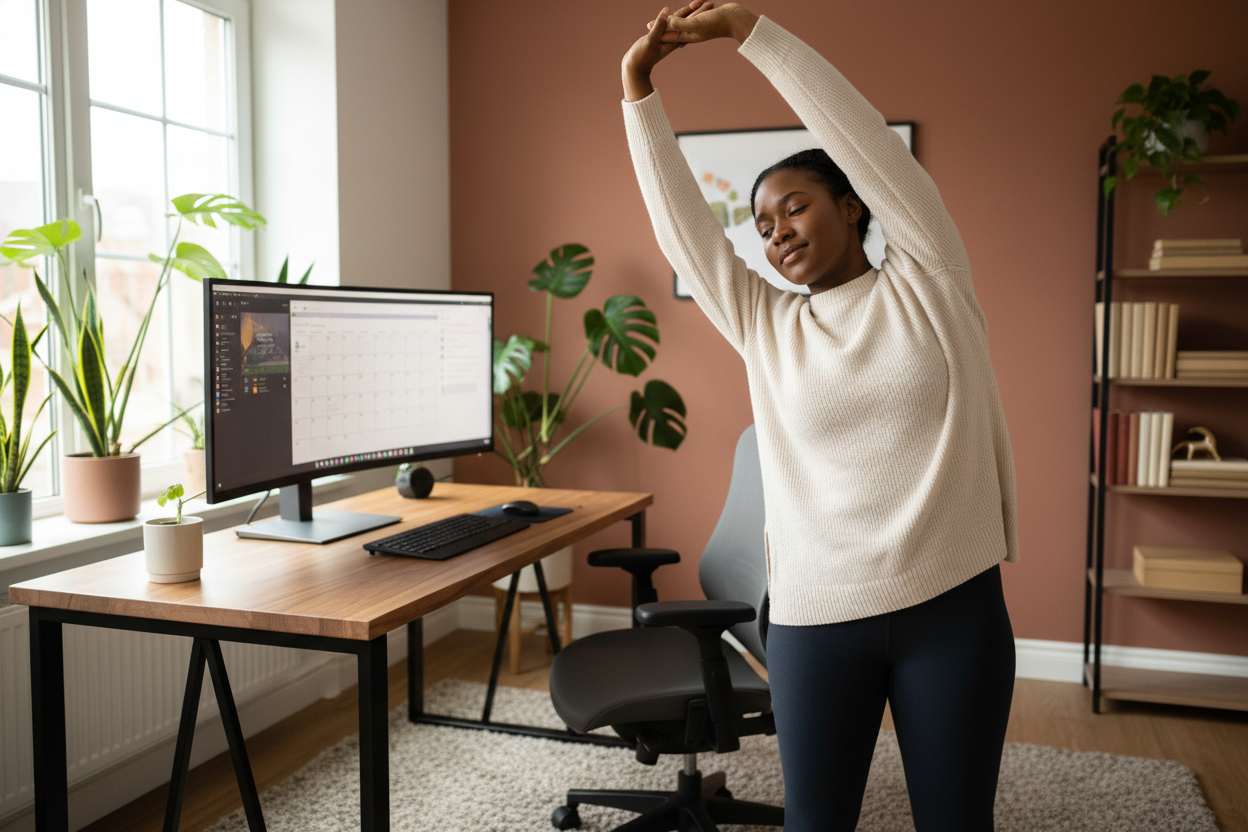 Can you please generate an image of a black woman stretching in her home office?
